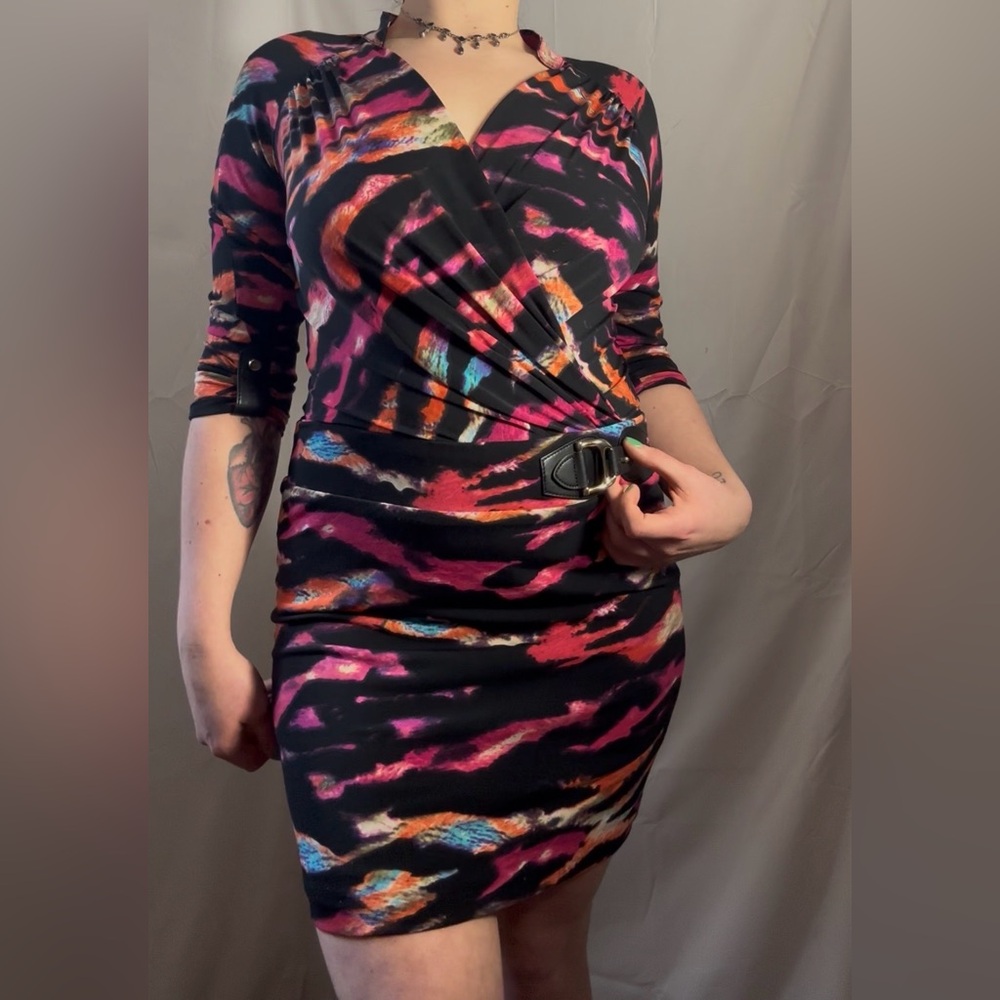 Y2K Cache Body-con Black Pink Abstract Ruched Mini Dress Size S-M‎